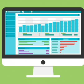 Graphic of a computer with a CMS open showing charts