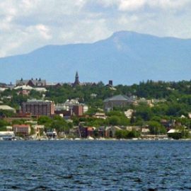 Viiew of Burlington, Vermont with buildings, mountains and water