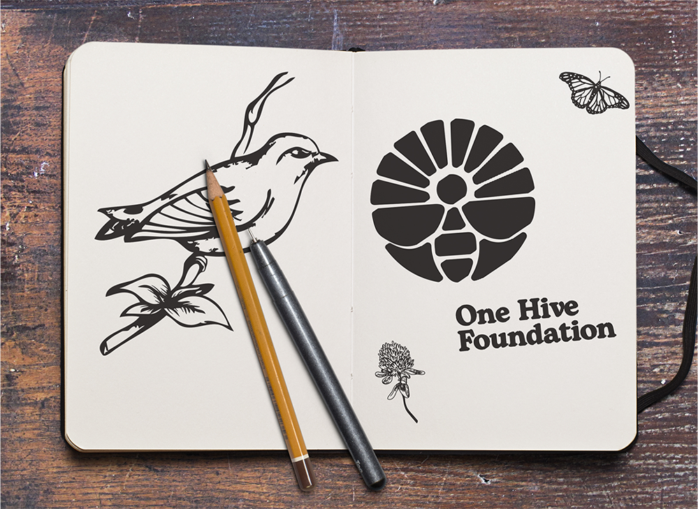 Bird and one hive foundation drawing on a page