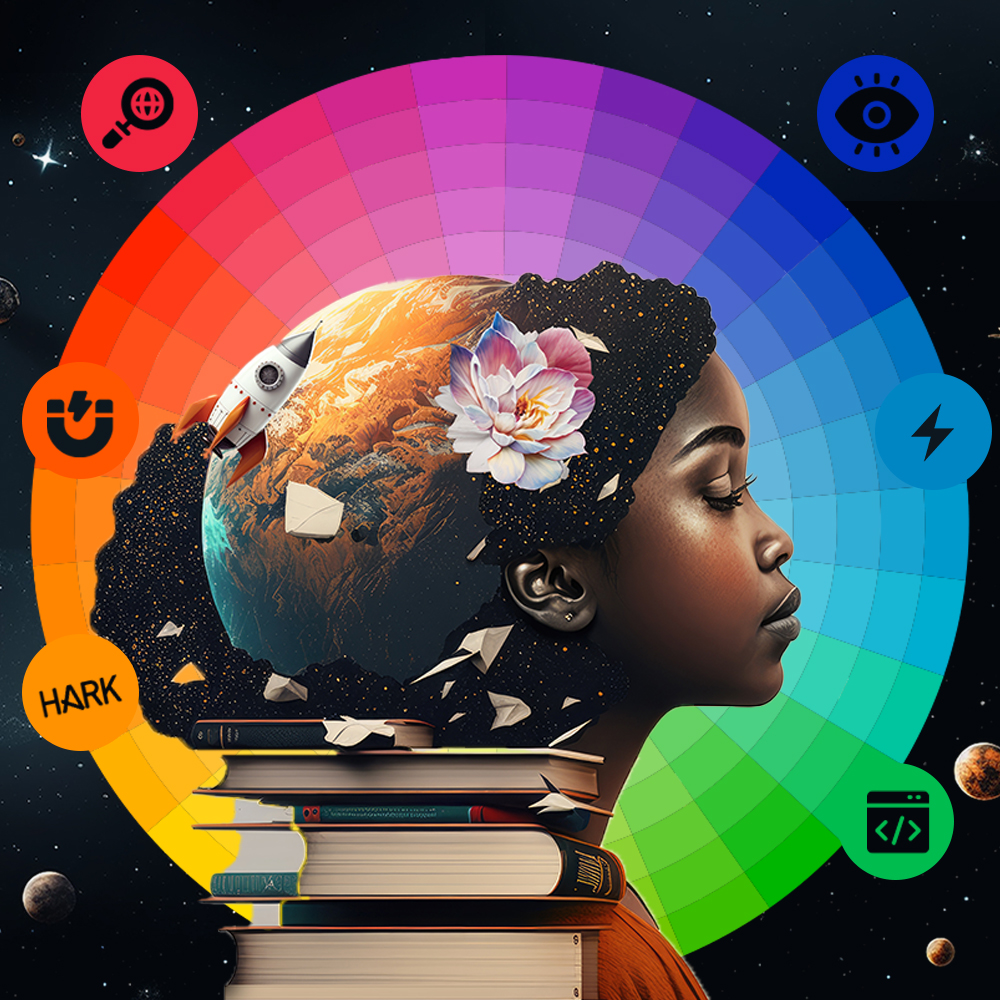 Deep in thought, a woman with her eyes closed is backlit by a color wheel and marketing tool icons.
