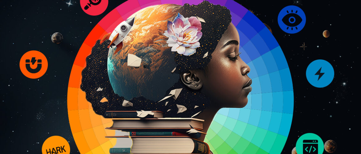 Deep in thought, a woman with closed eyes is backlit by a color wheel and marketing tool icons.