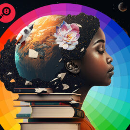 Deep in thought, a woman with closed eyes is backlit by a color wheel and marketing tool icons.