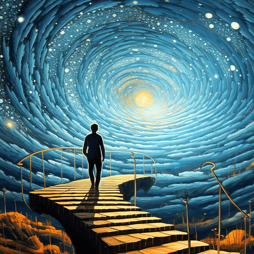 A man standing on a pathway looking into the center of a galaxy