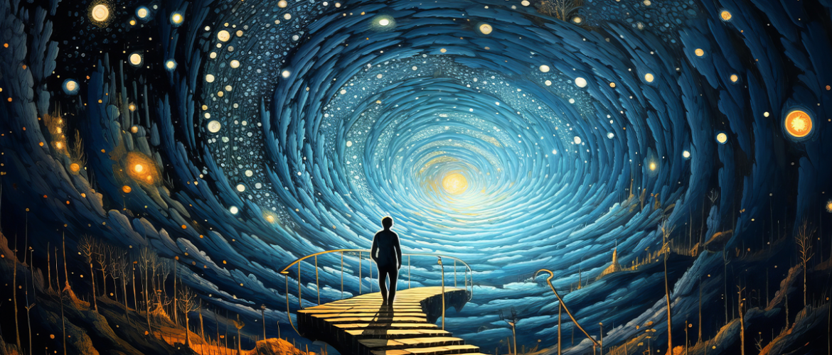 A man standing on a pathway looking into the center of a galaxy