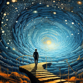 A man standing on a pathway looking into the center of a galaxy